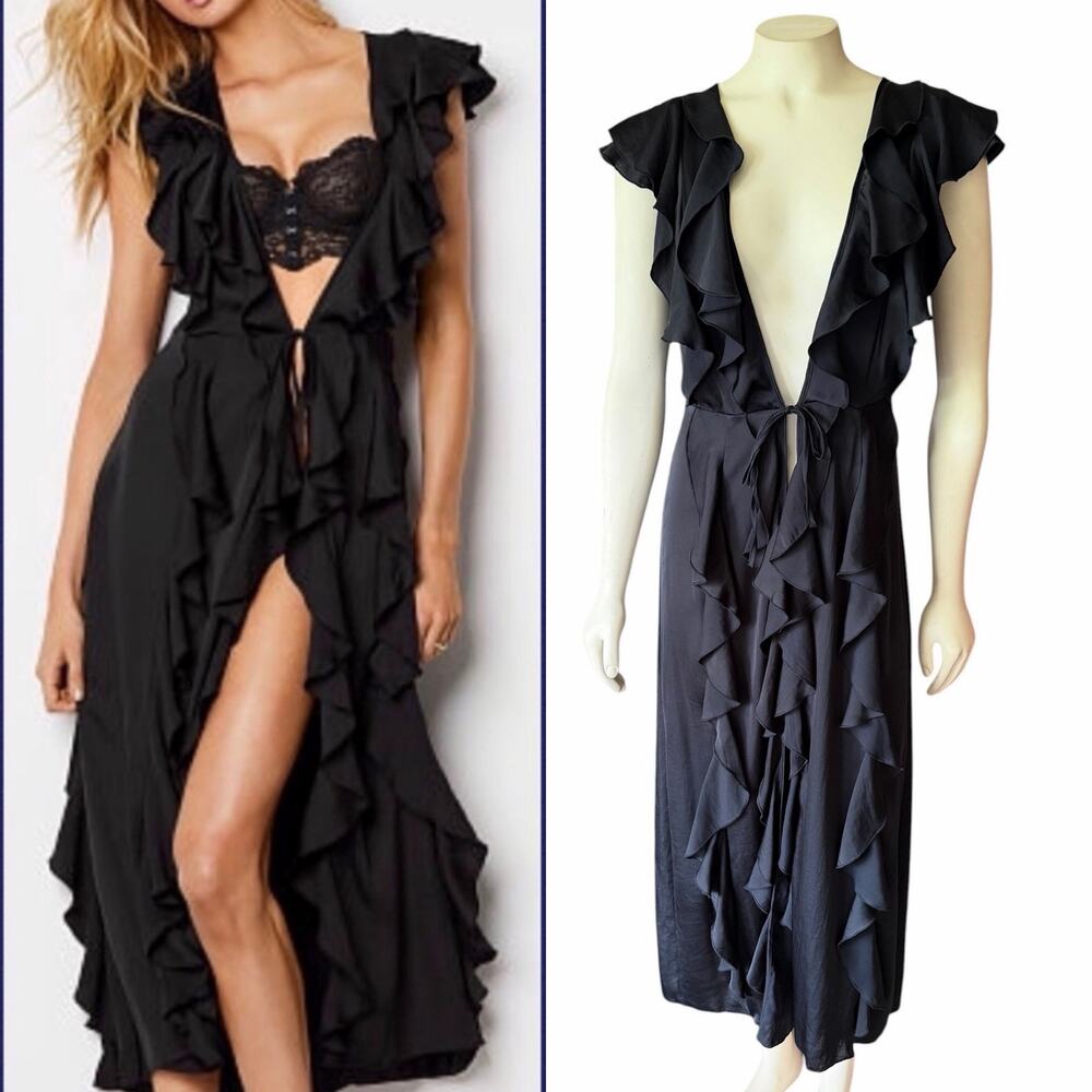 Victoria’s Secret Black Ruffle Open Front Maxi Duster Robe Kimono Coverup XS